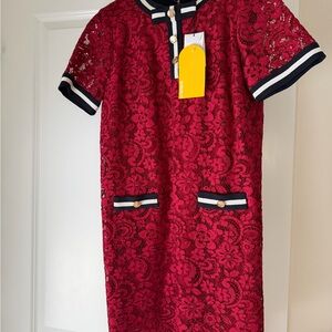 Chic Dark Red Lace Mini Dress with Black & White Trim - NWT